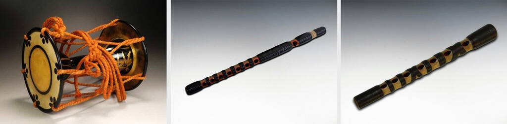 金蒔絵小鼓、龍笛(古管)、篳篥(古管)
