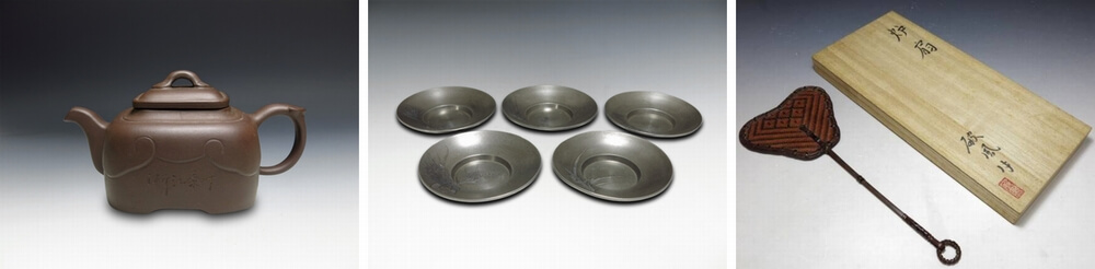 煎茶道具の種類(紫泥急須・錫製茶托・炉扇)
